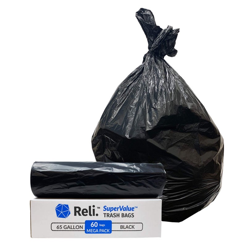 Reli. SuperValue 65 Gallon Trash Bags | 60 Count | Made in USA | Heavy Duty | Black Multi-Use Garbage Bags - Image 1